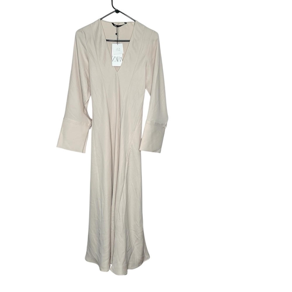 New Zara V-Neck Maxi Dress Beige Size M Elegant Wedding Brides Maid BNWT - Picture 2 of 8